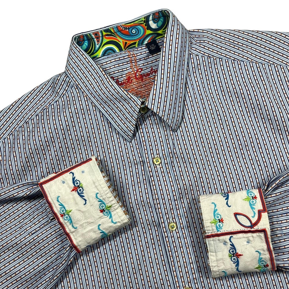 Robert Graham Button Down Shirt Mens Large Blue Striped Paisley Flip Cuff Cotton